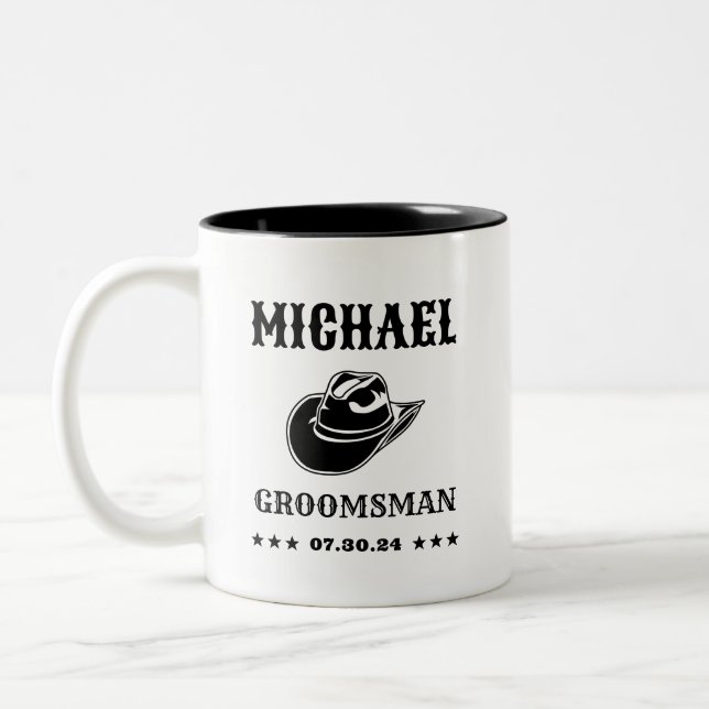 Western Cowboy Hat Classic Personalised Groomsmen Two-Tone Coffee Mug (Left)
