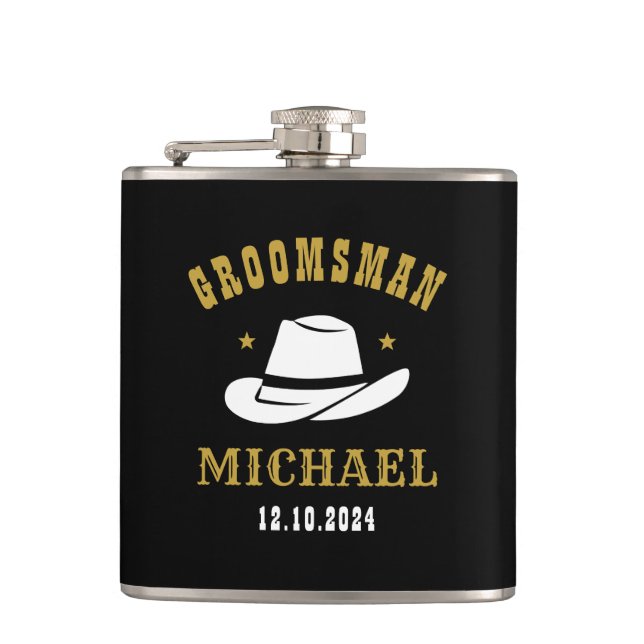 Western Cowboy Hat Groomsmen Personalised Name Hip Flask (Front)