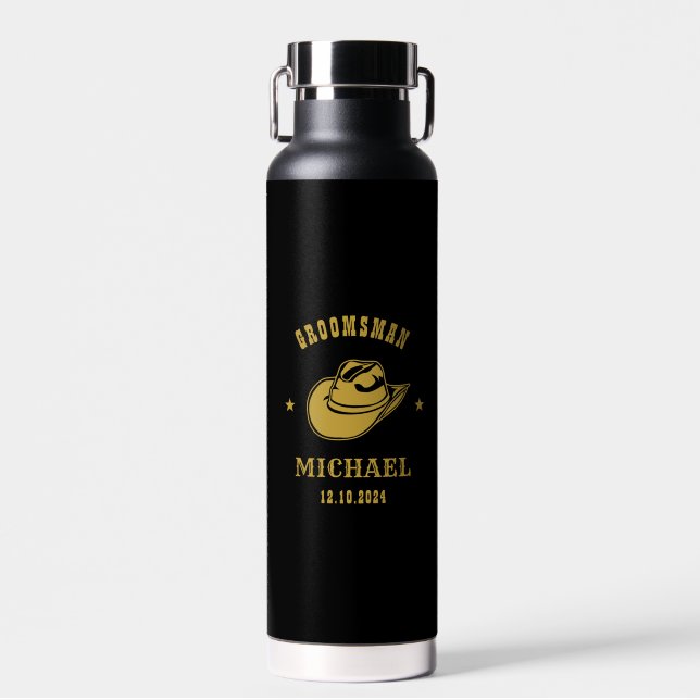 Western Cowboy Hat Groomsmen Personalised Name Water Bottle (Front)