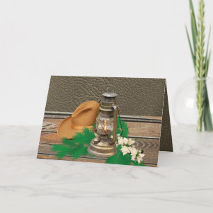 Western Cowboy Hat Lantern Faux Wood / Leather Card
