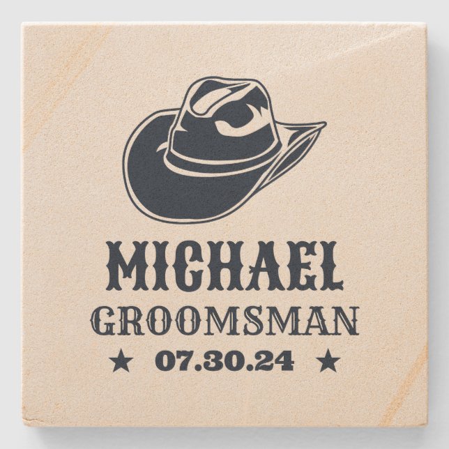Western Cowboy Hat Personalised Best Man Groomsmen Stone Coaster (Front)