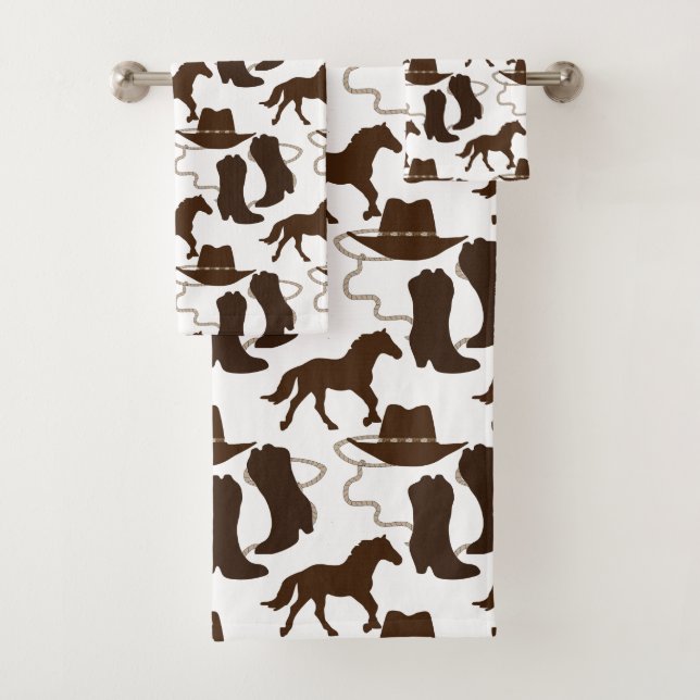 Western Cowboy Horse Hat and Boots Pattern White Bath Towel Set (Insitu)
