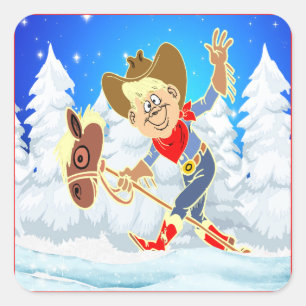 Western Cowboy Kid On Stick Horse Winter Scene Square Sticker