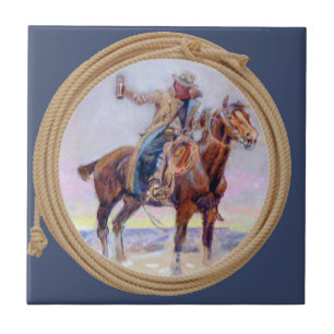 Western Cowboy On Horse And Holding A Drink Ceramic Tile