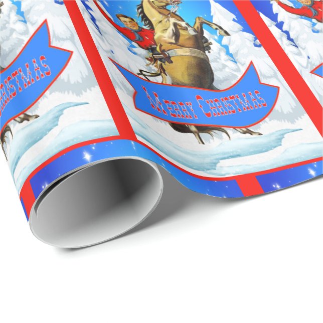Western Cowboy On Horse Merry Christmas Wrapping Paper (Roll Corner)