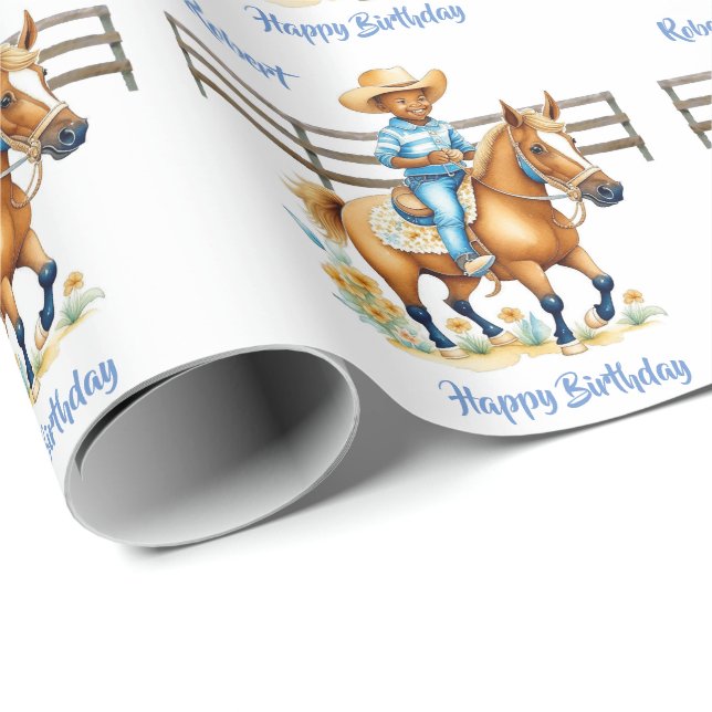 Western Cowboy on Horse Personalised Birthday Wrapping Paper (Roll Corner)