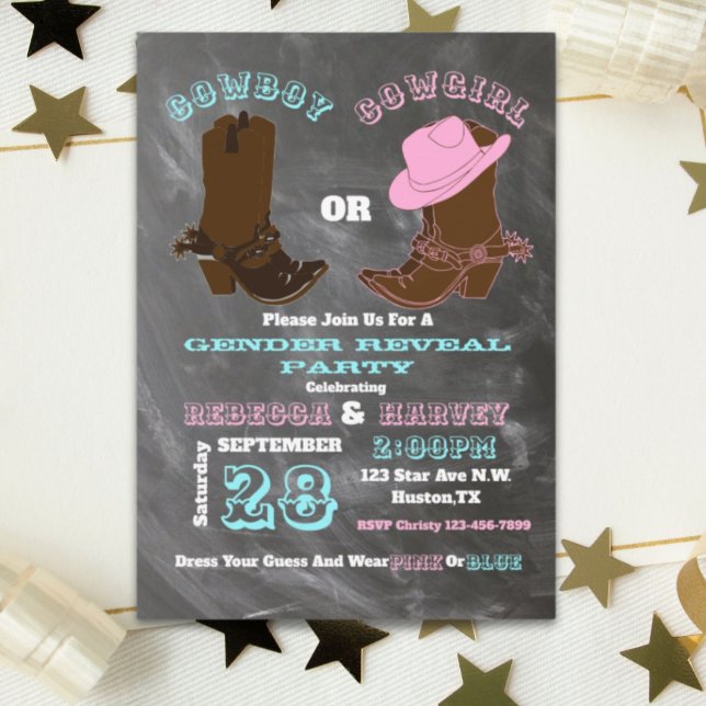 western cowboy or cowgirl gender reveal party invitation (western cowboy or cowgirl gender reveal party invitation)