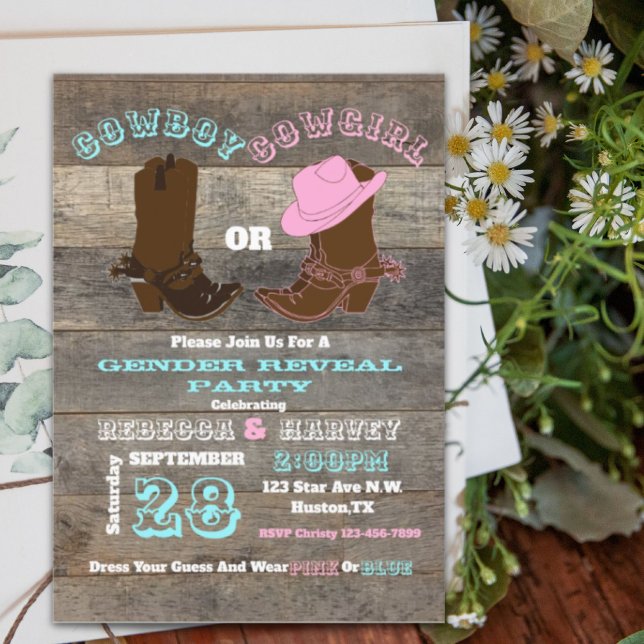 western cowboy or cowgirl gender reveal party invitation (western cowboy or cowgirl gender reveal party invitation)