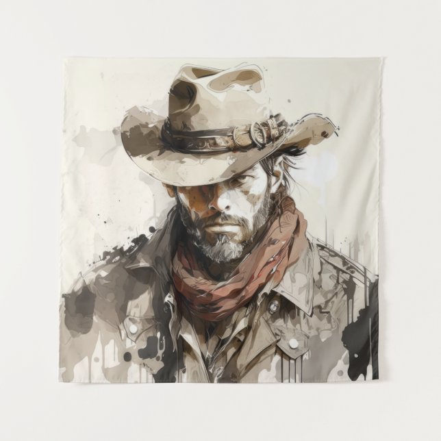 Western Cowboy Portrait Painting Historic Horses Tapestry (Front)