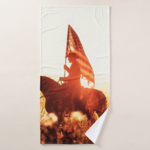 Western - cowboy portrait with USA flag Bath Towel