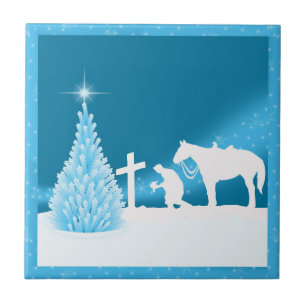 Western Cowboy Praying Holiday Scene Snow Tile