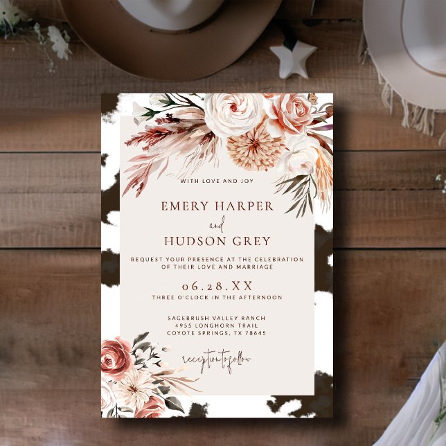 Western Cowboy Ranch Boho Floral Cowhide Wedding Invitation (western wedding invitation cowhide boho floral ranch country barn terracotta rust watercolor rustic)