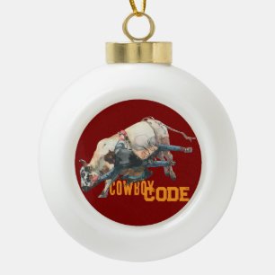 Western Cowboy Rodeo Bull Ceramic Ball Christmas Ornament