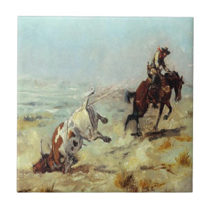 Western Cowboy Roping A Steer Ceramic Tile
