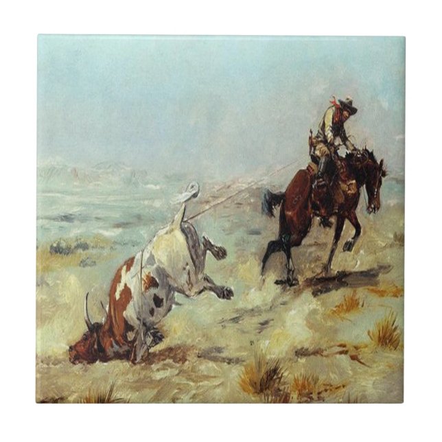 Western Cowboy Roping A Steer Ceramic Tile (Front)