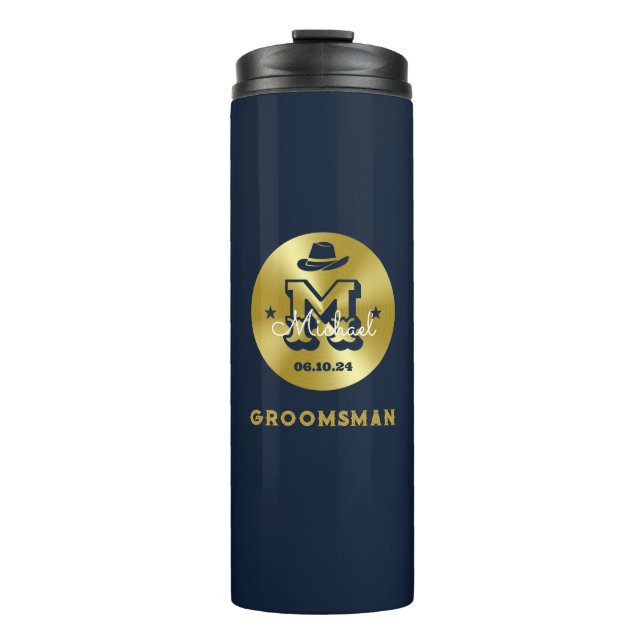 Western Cowboy Rustic Blue Gold Monogram Groomsmen Thermal Tumbler (Front)