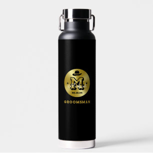 Western Cowboy Rustic Blue Gold Monogram Groomsmen Water Bottle