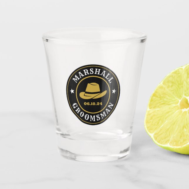 Western Cowboy Rustic Logo Personalised Groomsmen Shot Glass (Front)