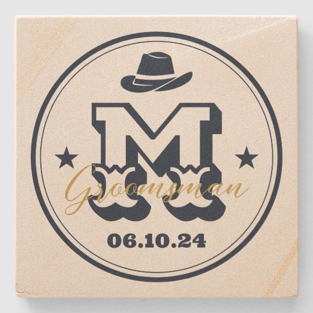 Western Cowboy Rustic Monogram Best Man Groomsmen Stone Coaster (Front)