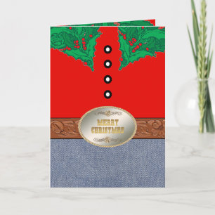 Western Cowboy Santa Belt Buckle Red Shirt Jeans Card