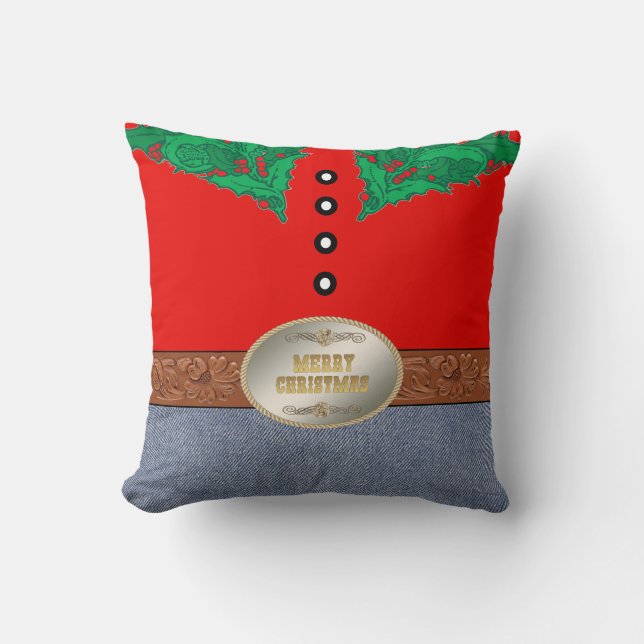 Western Cowboy Santa Belt Buckle Red Shirt Jeans Cushion (Front)