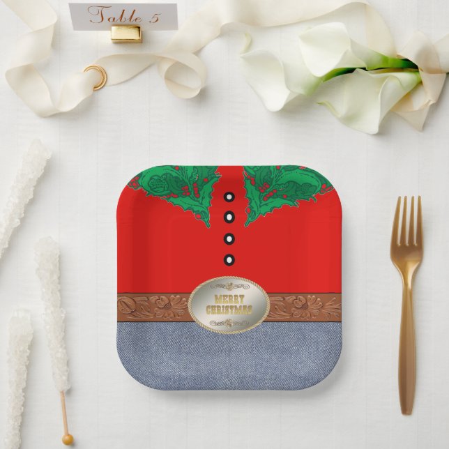 Western Cowboy Santa Belt Buckle Red Shirt Jeans Paper Plate (Wedding)