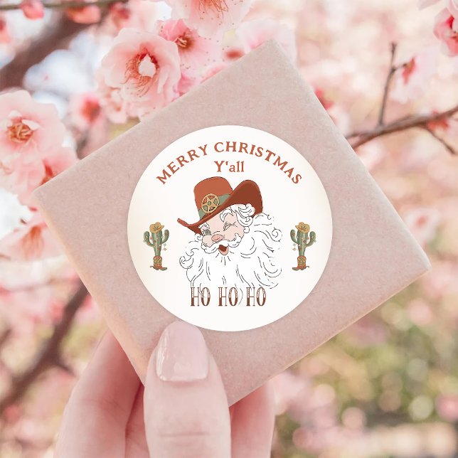 Western Cowboy Santa Merry Christmas Y'all Classic Round Sticker (Creator Uploaded)
