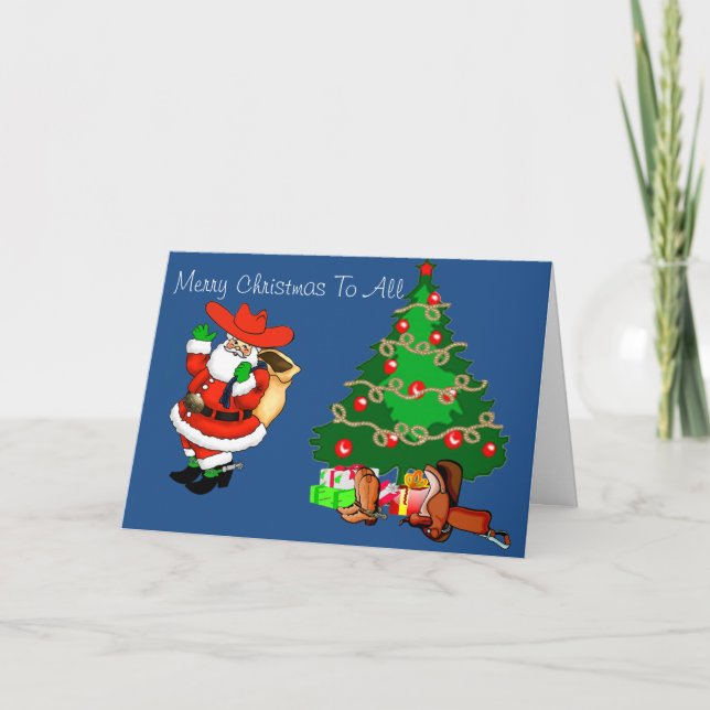 Western Cowboy Santa With Christmas Tree Holiday Card (Front)