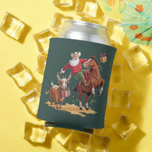 Western Cowboy Santa Xmas Rodeo Horse & Reindeer Can Cooler