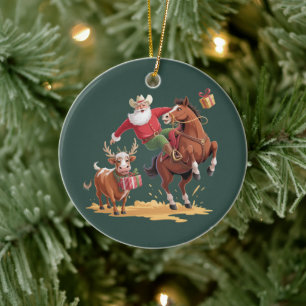 Western Cowboy Santa Xmas Rodeo Horse & Reindeer Ceramic Ornament