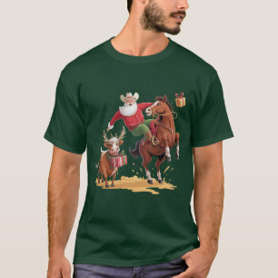 Western Cowboy Santa Xmas Rodeo Horse & Reindeer T-Shirt