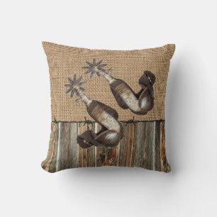 Western Cowboy Spurs Burlap Barn wood Barbed Wire Cushion