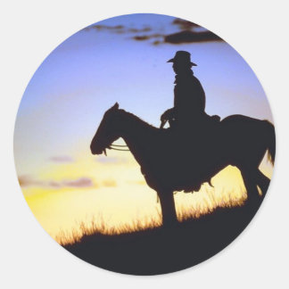 Western Cowboy Sunset Silhouette Classic Round Sticker