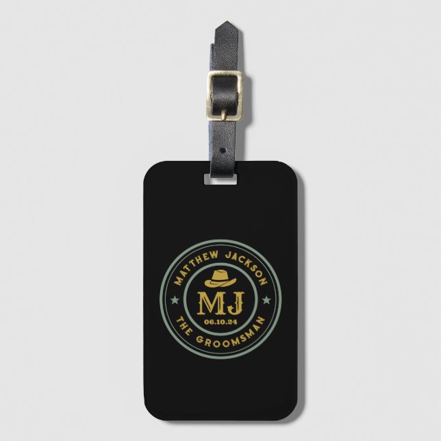 Western Cowboy Vintage Monogram Best Man Groomsmen Luggage Tag (Front Vertical)