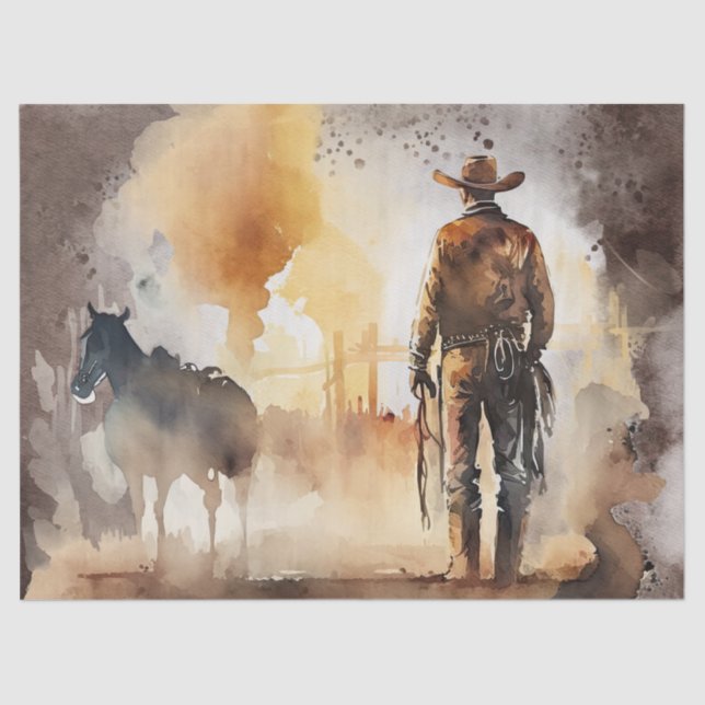 Western Cowboy Watercolor Decoupage Tissue Paper (Front)