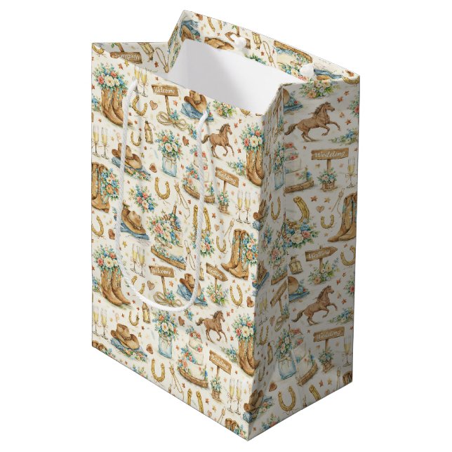 Western Cowboy Wedding Watercolor Pattern Medium Gift Bag (Front Angled)