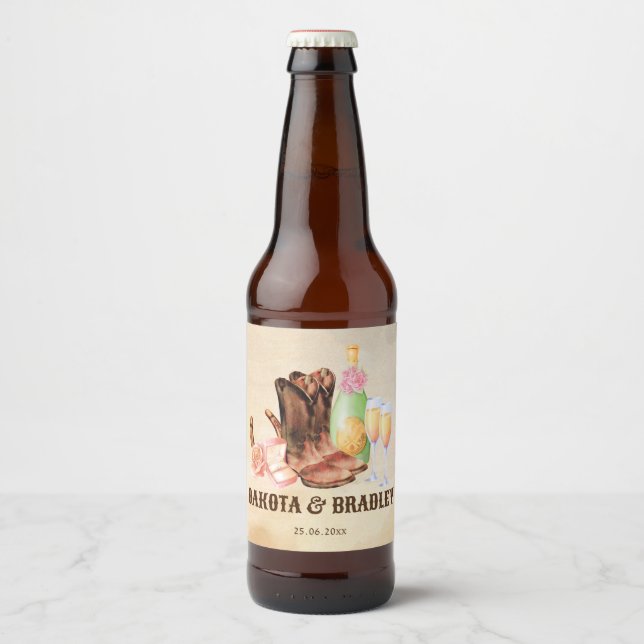 Western cowboys cowgirl party wedding personalised beer bottle label (Front)