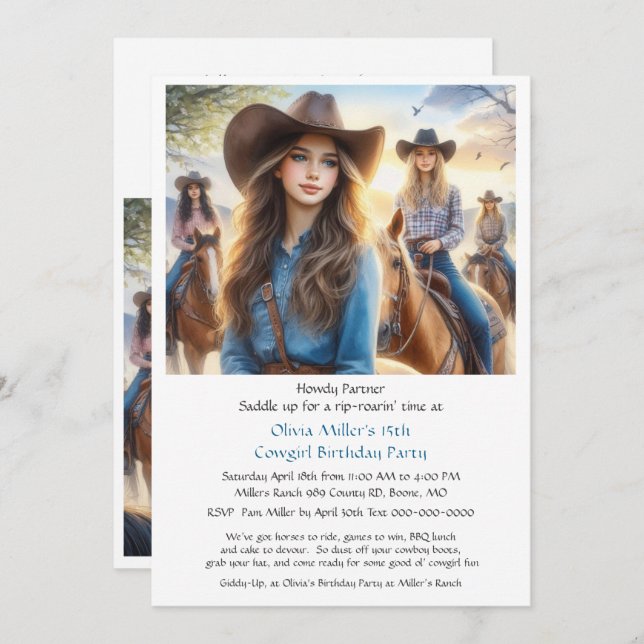Western Cowgirl 15th Birthday Party Invitation (Front/Back)