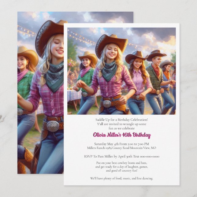 Western Cowgirl 16th Birthday Party Invitation (Front/Back)