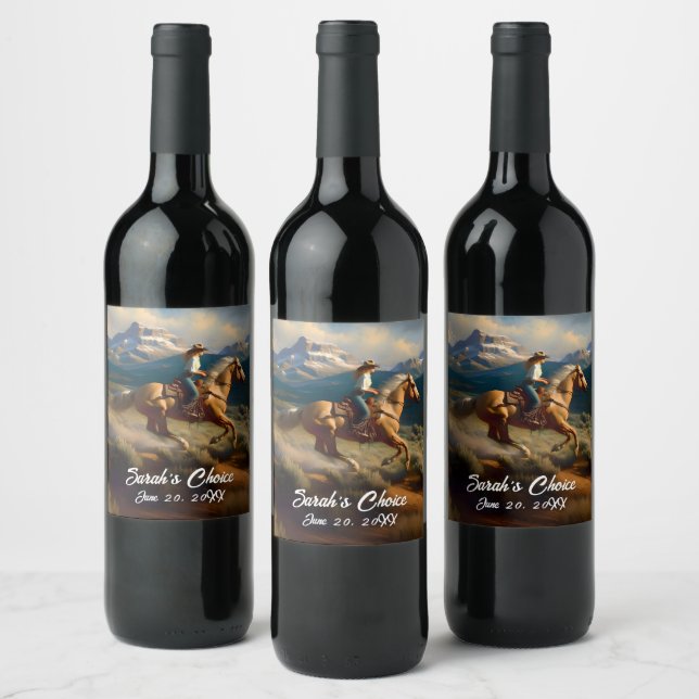 Western Cowgirl and Palomino Horse Wine Label (Bottles)