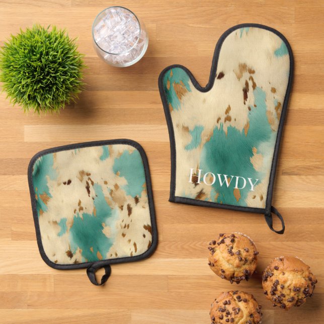 Western Cowgirl Aqua Mint Cream Cowhide  Oven Mitt & Pot Holder Set (Top Down)