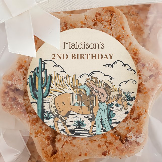 Western Cowgirl Birthday Party Classic Round Sticker (Creator Uploaded)