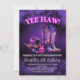 Western Cowgirl Birthday Party Purple Neon Invitation
