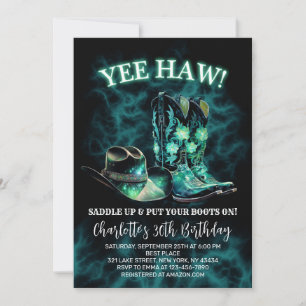 Western Cowgirl Birthday Party Teal Green Neon Invitation