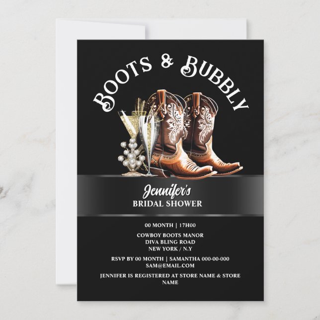 Western cowgirl boots black white bubbly chic  invitation (Front)