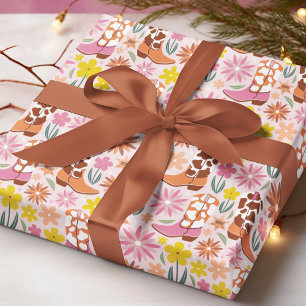 Western Cowgirl Boots Floral Pink Pattern Wrapping Paper