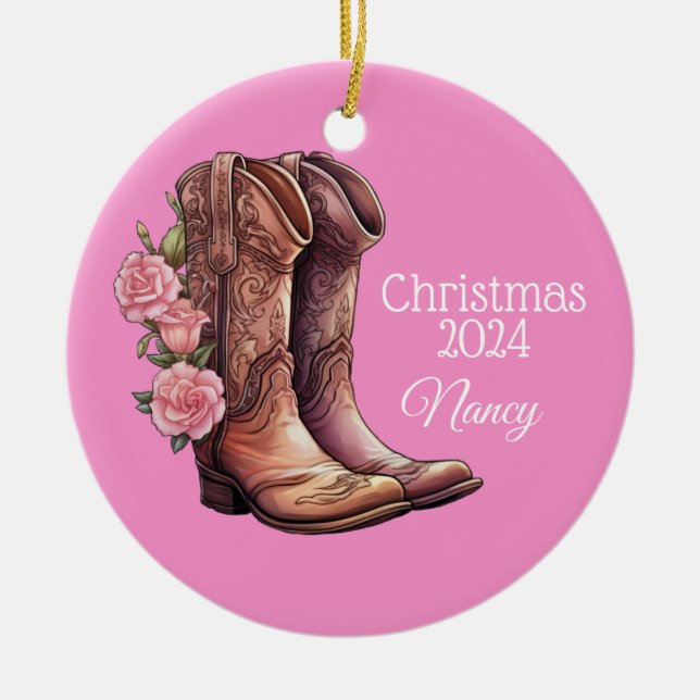 Western Cowgirl Boots Roses Christmas Ornament (Front)