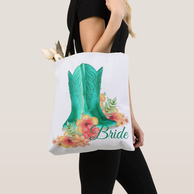 Western Cowgirl Boots Wedding Bride Tote Bag (Close Up)