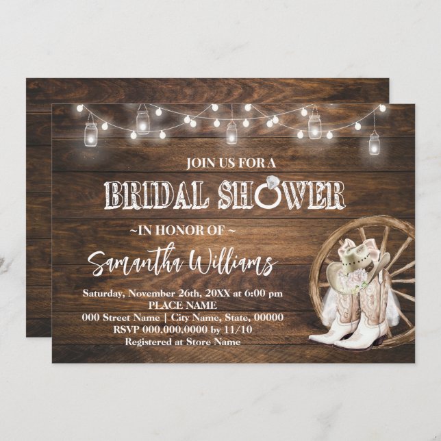 Western Cowgirl Bridal Shower Country Chic Wedding Invitation (Front/Back)