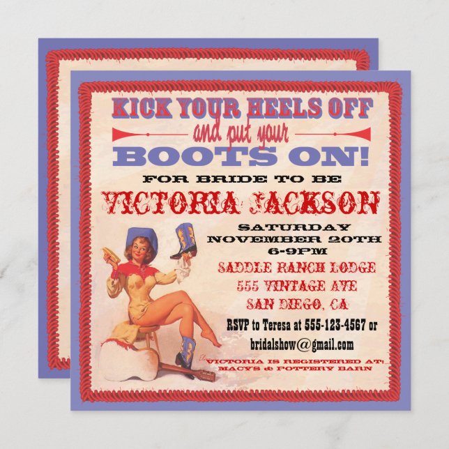 Western Cowgirl Bridal Shower Party Invitations (Front/Back)